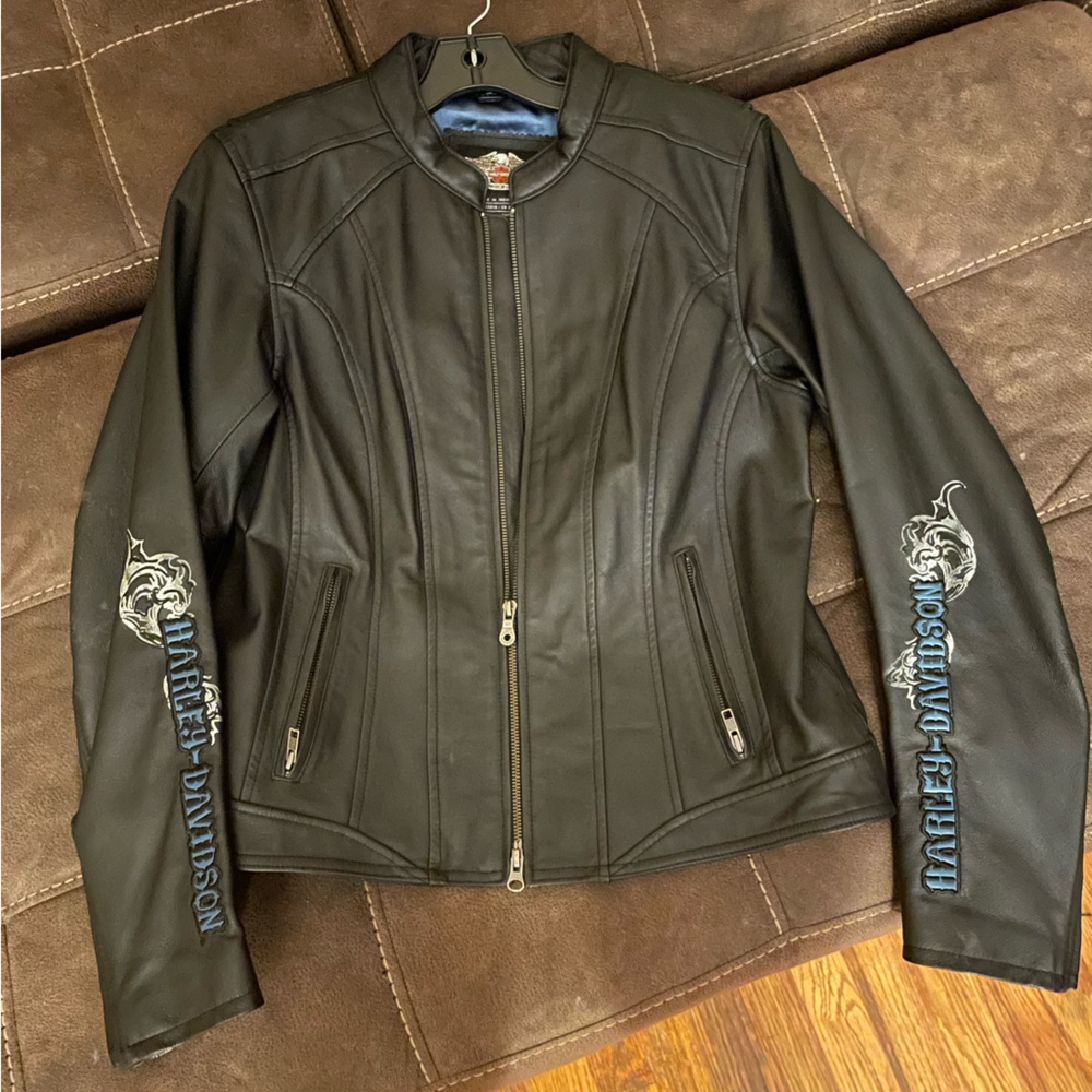Harley-Davidson Women's Black Leather Jacket with Blue Accents